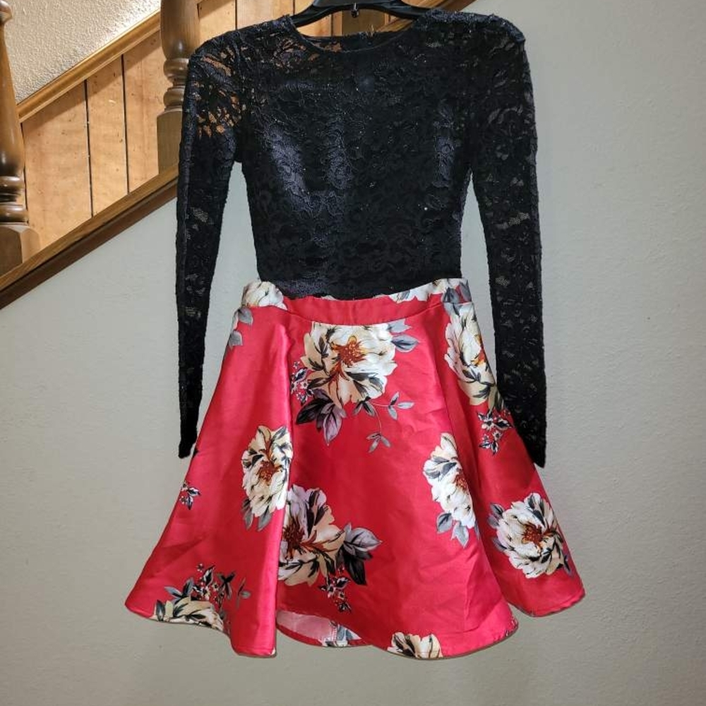 Black Lace Top with Red Floral Skirt Dress